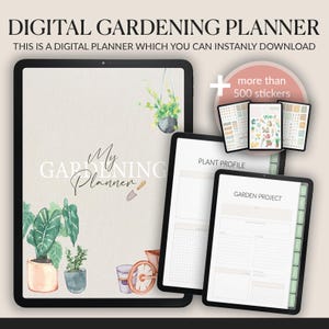 May include: Digital gardening planner with over 500 stickers. The planner features a watercolour design with plants and gardening tools. The planner includes sections for plant profiles and garden projects.