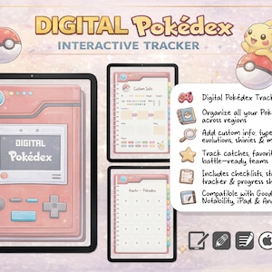 May include: Digital Pokédex interactive tracker on a tablet, featuring a red and white design. The image includes a Pikachu character and a Poké Ball. Text on the screen reads "Digital Pokédex" and "Interactive Tracker."