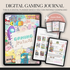 Gaming Journal +  500 Stickers | Cute Video Game Notebook | Gamer&#39;s Logbook and Tracker | GoodNotes Compatible | Interactive Gaming Journal