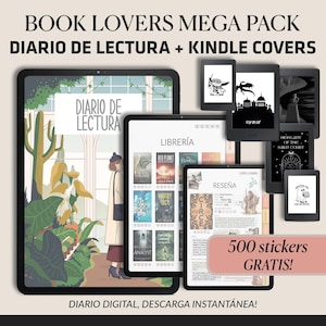 May include: A digital book lovers mega pack with "Diario de Lectura" and Kindle covers. The image shows several tablets and e-readers displaying book covers, reading journals, and the text "500 stickers GRATIS!" in a pink banner. The text "DIARIO DIGITAL, DESCARGA INSTANTÁNEA!" is also visible.