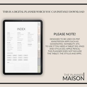 May include: A digital planner with a light gray background and a white index. The planner is divided into sections for journal, nutrition, fitness, wellness, motivation, and notes. The text "PLEASE NOTE!" is in black text on a white background. The text "DESIGNED TO BE USED ON PDF ANNOTATION APPS SUCH AS GOODNOTES, NOTABILITY, ETC." is in black text on a white background. The text "TO USE IT YOU NEED A TABLET (EG: IPAD) AND STYLUS (EG: APPLE PENCIL)" is in black text on a white background. The text "THIS PLANNER DOES NOT INCLUDE THE TABLET, THE STYLUS AND APPS." is in black text on a white background. The text "THE PLANNER MAISON" is in black text on a white background.