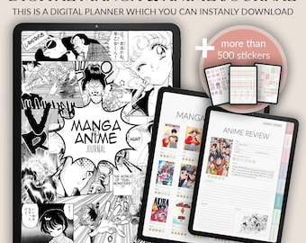 May include: A digital planner for manga and anime fans. The planner features a black and white manga illustration on the cover. The planner includes sections for manga and anime reviews, and comes with over 500 stickers.