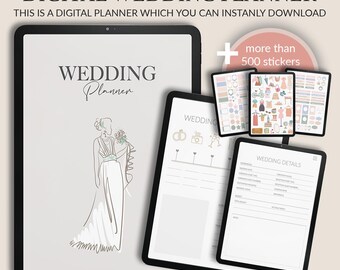 May include: Digital wedding planner displayed on multiple tablets. The main tablet shows a bride illustration and the words "Wedding Planner." Additional tablets display wedding planning pages and stickers. The text reads "Digital Wedding Planner" and "This is a digital planner which you can instantly download."