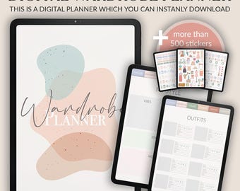 May include: A digital wardrobe planner with a pink and blue abstract design. The planner includes sections for outfits, vibes, and style. It also includes over 500 stickers.