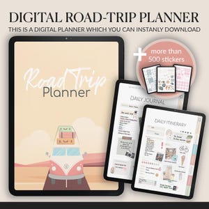 Digital Road Trip Planner +  500 Stickers | Road Trip Diary | Planner Budget | Packing List | Holiday Planner | Simple Planner | GoodNotes