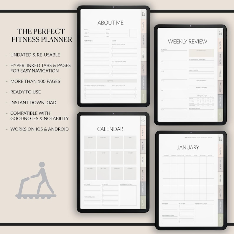 May include: A digital fitness planner with a minimalist design. The planner includes sections for "About Me", "Calendar", "Weekly Review", and "January".
