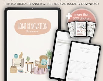 May include: A digital planner for home renovation with a pink and white cover featuring a living room illustration. The planner includes a design plan and room plan section. The image also shows over 500 stickers for decorating the planner.