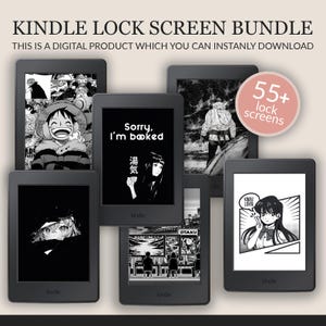 May include: A collection of black Kindle e-readers showcasing manga-style lock screens. The screens display black and white anime art, the text "Sorry, I'm booked", and the words "Kindle Lover". The image also includes the text "Kindle Lock Screen Bundle".