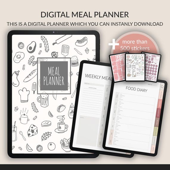 Meal Planner Digital Journal | GoodNotes iPad PDF | Weekly Menu, Grocery List & Recipe Organizer | Nutrition Tracker