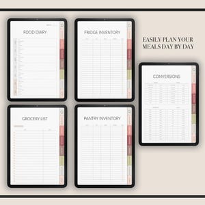 May include: Five digital planner pages for meal planning, grocery shopping, and food tracking. The pages include a food diary, fridge inventory, grocery list, pantry inventory, and conversions.