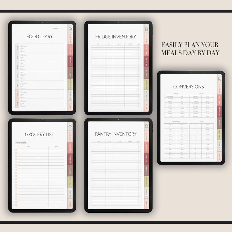 May include: Five digital planner pages for meal planning, grocery shopping, and food tracking. The pages include a food diary, fridge inventory, grocery list, pantry inventory, and conversions.