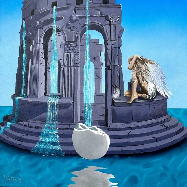 After Lemuria's fall - fantasy art, angel wings, angel after the fall, ocean, ancient building, azure sky, | Original oil painting