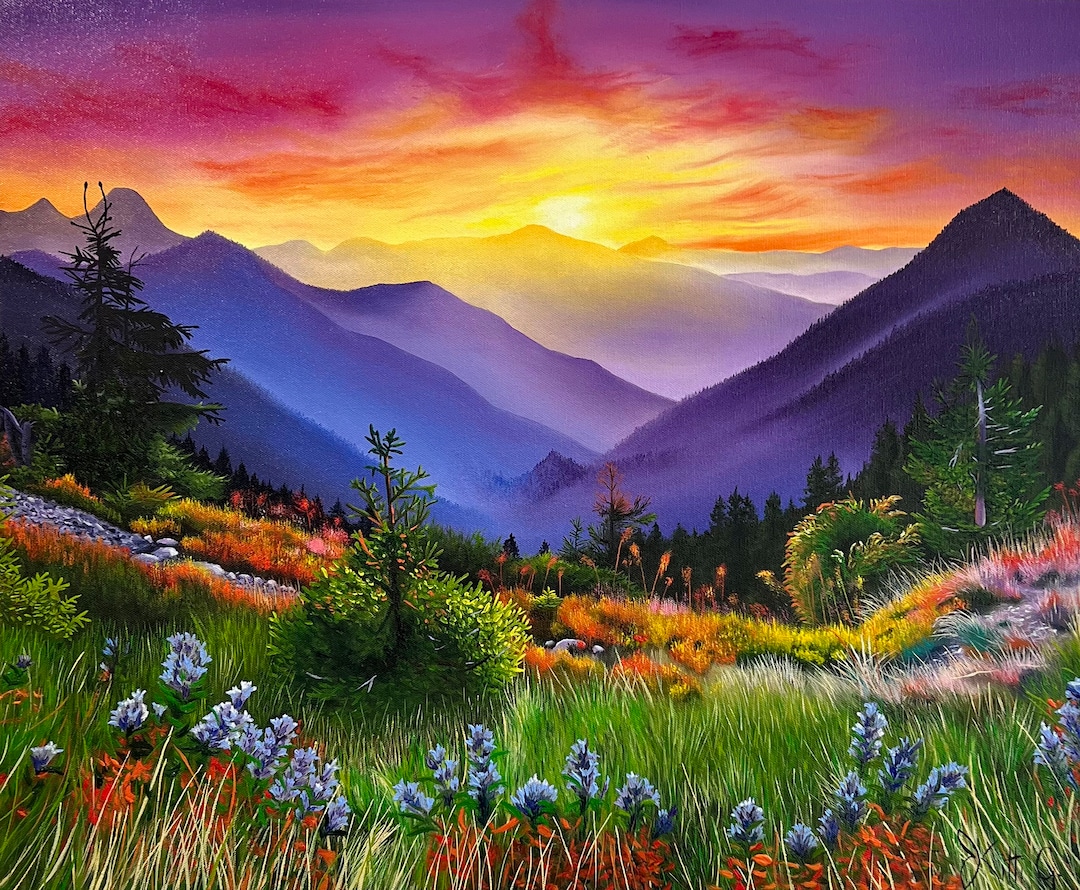 Saturated Sunset; Colorful Sunset Over the Mountain, Landscape