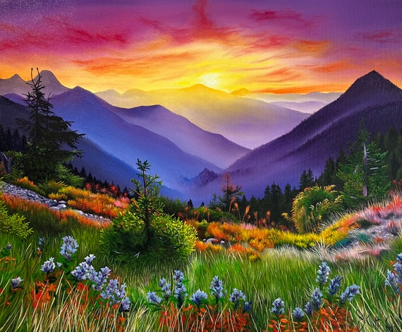 絵画 Mountain at sunset Saturated Sunset; Colorful Sunset Over the Mountain