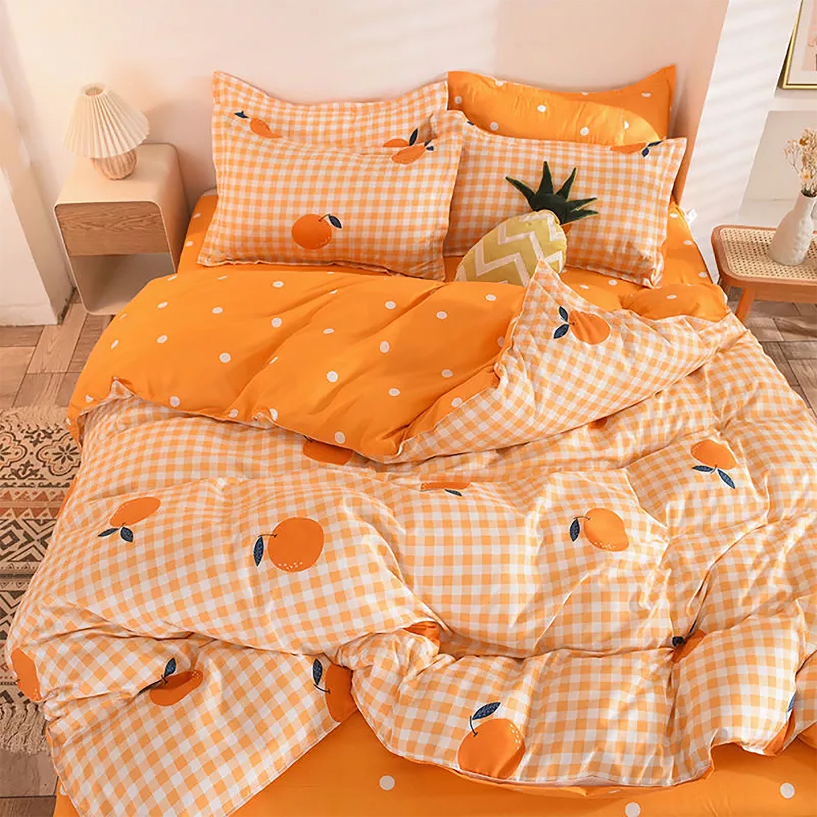 Orange Bedding Set Printed Bed Linen Sheet Plaid Duvet Cover Etsy