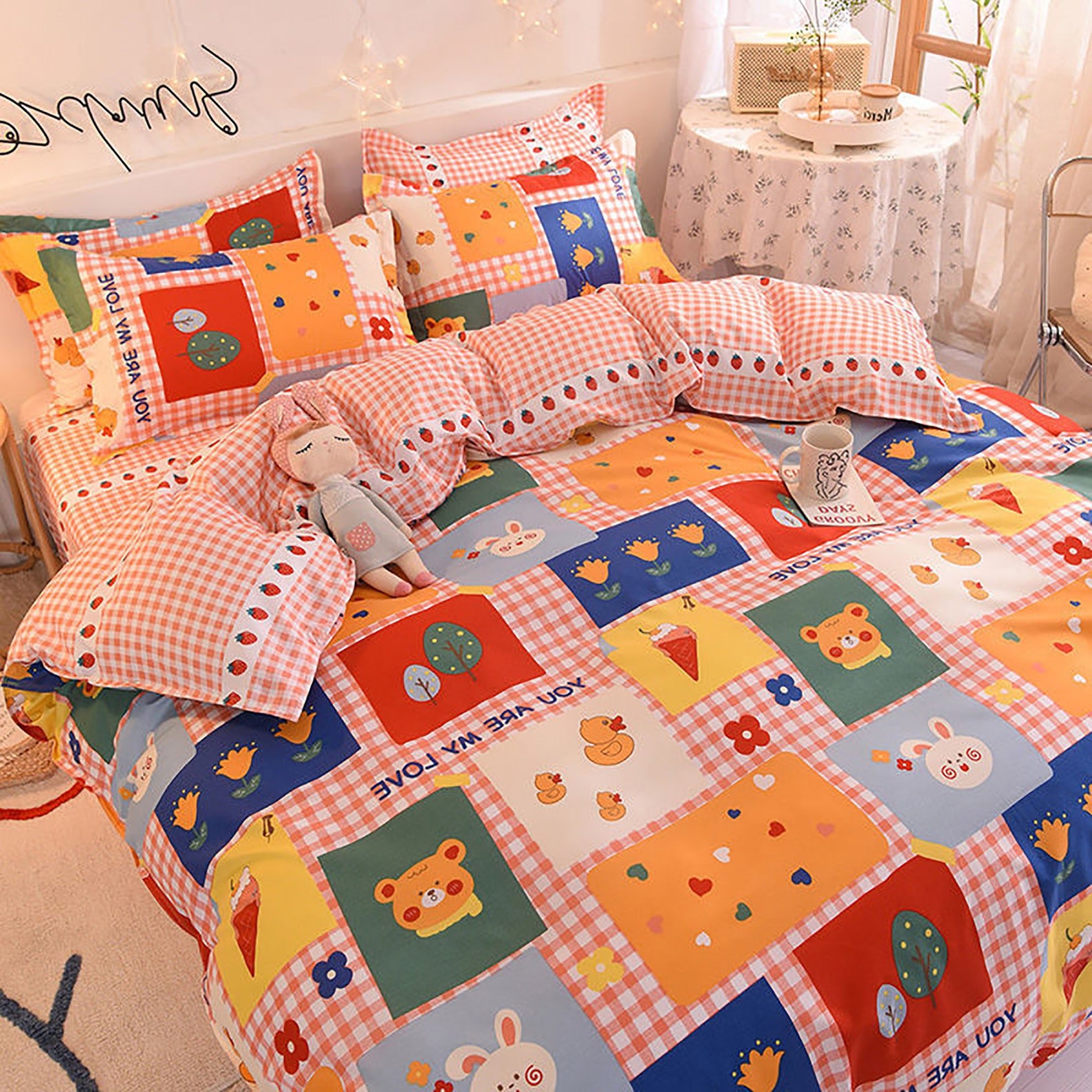 Orange Bedding Set Printed Bed Linen Sheet Plaid Duvet Cover Etsy