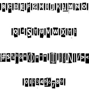 May include: A black and white font alphabet with uppercase letters, lowercase letters, numbers, and punctuation marks. The letters are cut out of paper and have a distressed, ripped look.