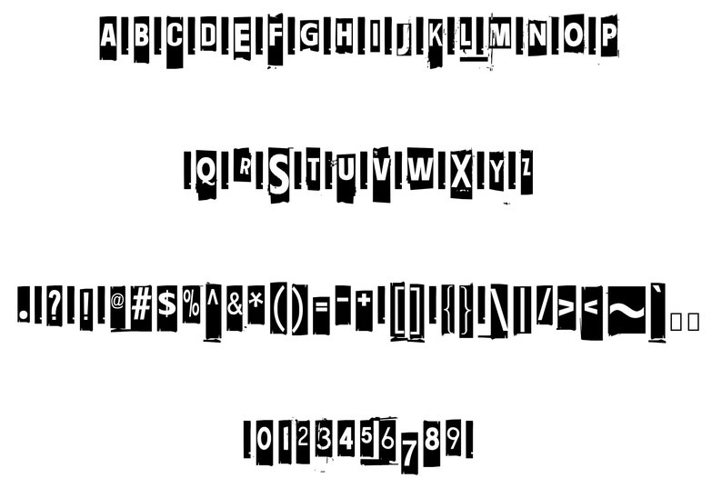 May include: A black and white font alphabet with uppercase letters, lowercase letters, numbers, and punctuation marks. The letters are cut out of paper and have a distressed, ripped look.