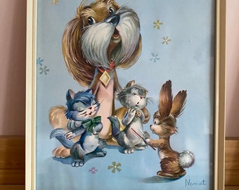 Vintage Print 1970's kitsch Blue Comic Dogs by Vernet, Framed by Boots, Nursery, Childs Room Decor