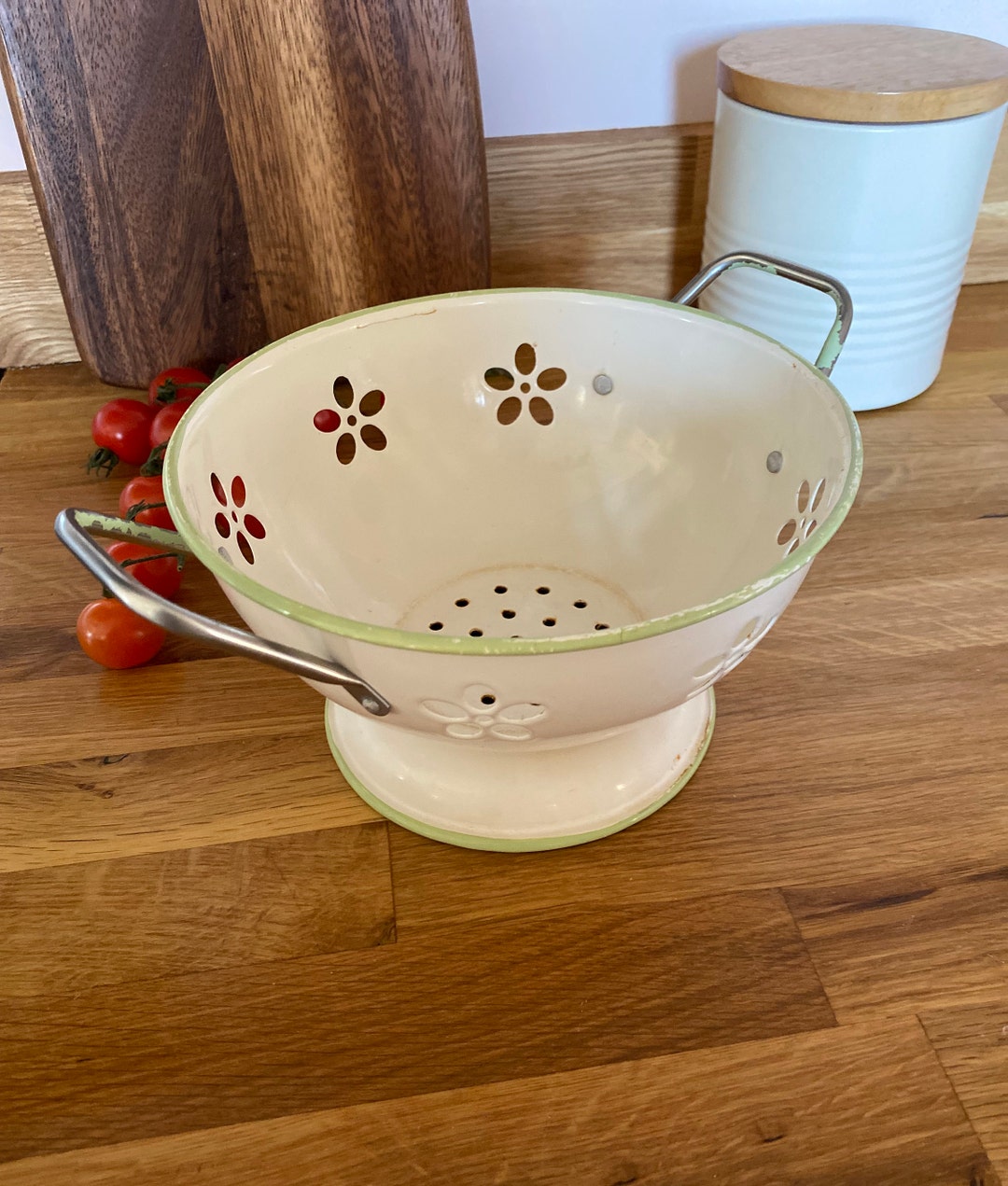 Rustic Vintage Cream/green Enamel Colander Etsy Australia