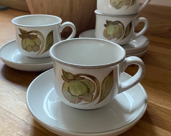 Vintage Denby  Cups and Saucers Set of 4 Langley Troubadour design 1970's