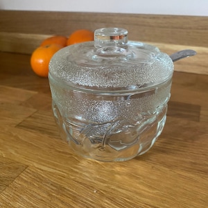 Vintage lidded breakfast jam pot, glass jam pot with spoon, conserve jar, marmalade pot, honey pot
