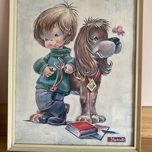 Vintage Print 1970&#39;s kitsch children with dogs by Vernet, Framed by Boots, Nursery, Childs Room Decor