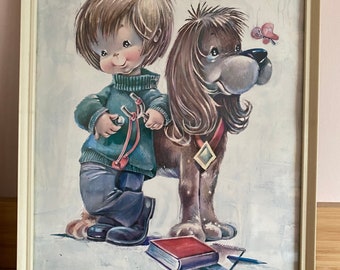 Vintage Print 1970's kitsch children with dogs by Vernet, Framed by Boots, Nursery, Childs Room Decor