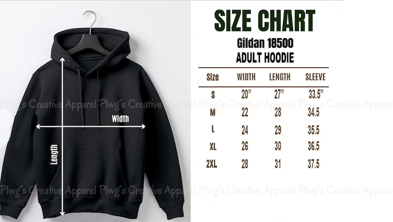 May include: Black adult hoodie with a size chart. The size chart shows measurements for width, length, and sleeve length in inches. The hoodie is a Gildan 18500 adult hoodie.