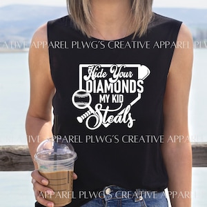 Hide Your Diamonds My Kid Steals Tank Top | Quality Printed Design | Baseball Tank Top | Ladies Bella Canvas Tank Top
