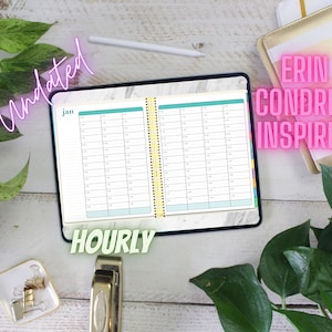 May include: An undated hourly planner with a teal and white design. The planner is open to the month of January and has the words "Erin Condren Inspired" written on it.