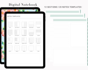 May include: Digital notebook on a tablet with a floral design. The screen displays various note templates, including lined, grid, and checklist options. The text "12 Sections | 20 Notes Templates" is also visible.