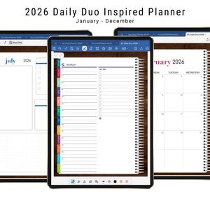 May include: Three digital planners showing a 2026 Daily Duo Inspired Planner. The planners display calendar layouts, to-do lists, and monthly views. The text "2026 Daily Duo Inspired Planner" and "January - December" are visible.