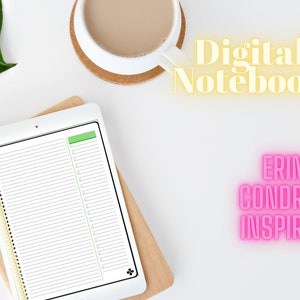 May include: A digital notebook on a tablet with a white background. The notebook has a green and white striped cover and a black and white lined interior. The text "Digital Notebook" is in yellow and the text "Erin Condren Inspired" is in pink.