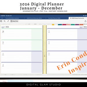May include: A digital planner for 2026 displayed on a tablet, featuring a spiral-bound design. The planner shows a monthly view for April, with lined sections for daily entries. The screen displays the text "2026 Digital Planner January - December".