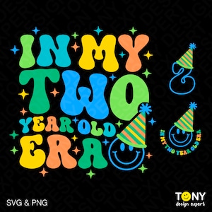 Lot de 3 conceptions à l'époque de mes deux ans Svg Png, 2e anniversaire Svg tendance rétro groovy ondulé téléchargement numérique DTF sublimation PNG & SVG Cricut