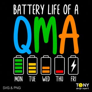 May include: Black graphic design with the text "BATTERY LIFE OF A QMA" in white, with each letter in a different color. Below the text are battery icons showing the battery life from Monday to Friday. The design includes the text "SVG & PNG" and a logo.