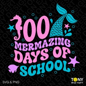 Może przedstawiać: Czarny projekt graficzny z tekstem "100 Mermazing Days of School" w kolorze różowym, fioletowym i turkusowym. Projekt zawiera konika morskiego, ogon syreny, rozgwiazdy i bąbelki. W lewym dolnym rogu napis "SVG & PNG".