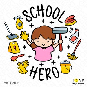 以下が含まれることがあります： 黄色い手袋をした女の子がスクイジーを持っている漫画のイラスト。 「SCHOOL HERO」という文字が黒文字で書かれています。 画像には、スプレーボトル、モップ、スポンジ、バケツなど、さまざまな清掃用品が含まれています。