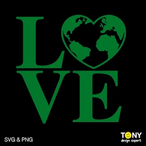 Pode incluir: Design gráfico verde com a palavra "LOVE" em letras grandes. O "O" é substituído por um coração verde que contém uma silhueta da Terra.