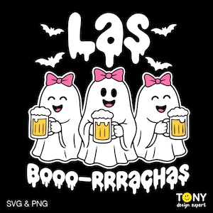 May include: A black graphic design featuring three cartoon ghosts with pink bows, holding mugs of beer. The word "LAS" is above the ghosts, and "BOOO-RRRACHAS" is below. Bats are also included in the design.