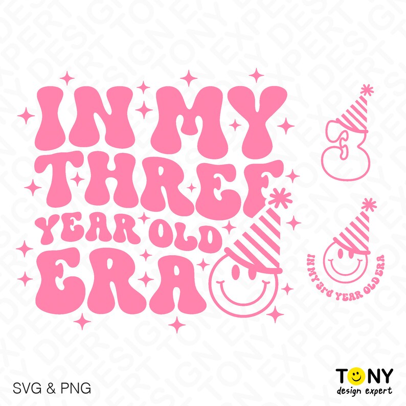 3 Design Bundle In My Three Year Old Era Svg Png, 3rd Birthday Svg, Trendy Retro Groovy Wavy Digital Download Sublimation PNG & SVG Cricut image 4