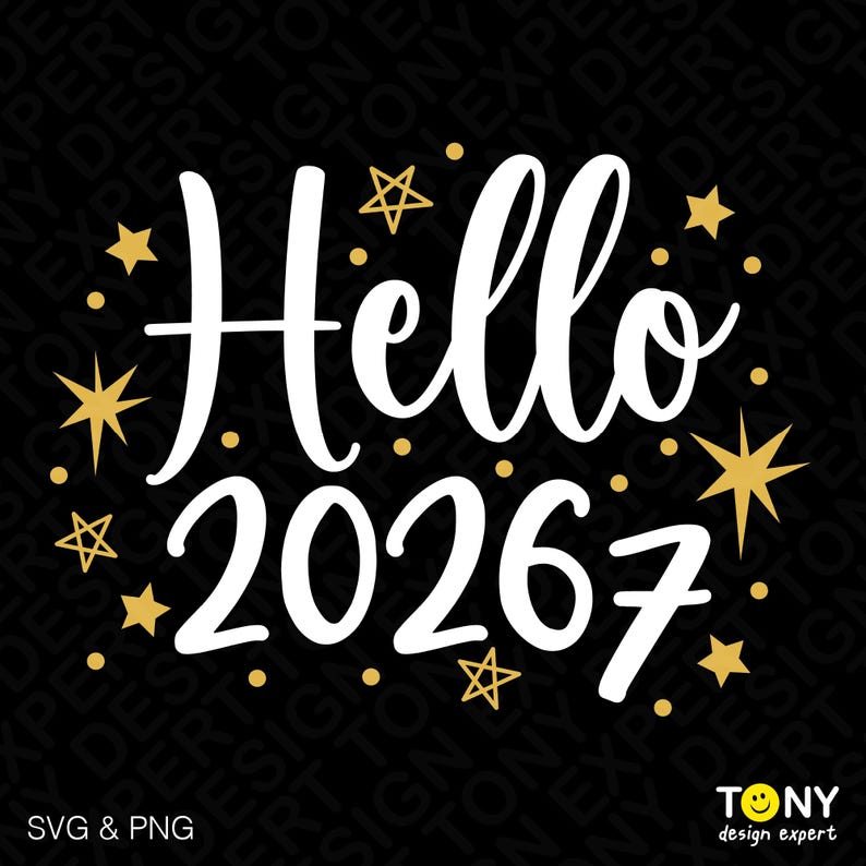 “Hello 20267” — humorous cross-niche SVG combining the “Happy New Year 2026” theme with viral 67 meme energy. Decorated with golden stars and elegant lettering, this SVG and PNG design is great for Cricut, sublimation, or party shirt projects celebrating humor and creativity.