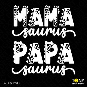 Puede incluir: Texto blanco sobre fondo negro que dice "Mama saurus Papa saurus" con un borde de tipo dinosaurio alrededor de las letras.