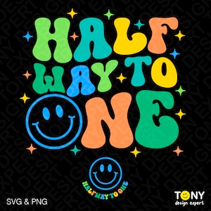 2 ontwerpbundel halverwege tot één Svg png, halve verjaardag babyfeestje cadeau trendy retro groovy digitale download DTF sublimatie png en SVG Cricut
