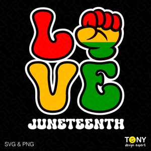 May include: A graphic design featuring the word "LOVE" in bold, colourful letters with a raised fist in the centre. The letters are red, yellow, and green, representing the colours of the Pan-African flag. The text "JUNETEENTH" is below the word "LOVE" in a white, stylised font.