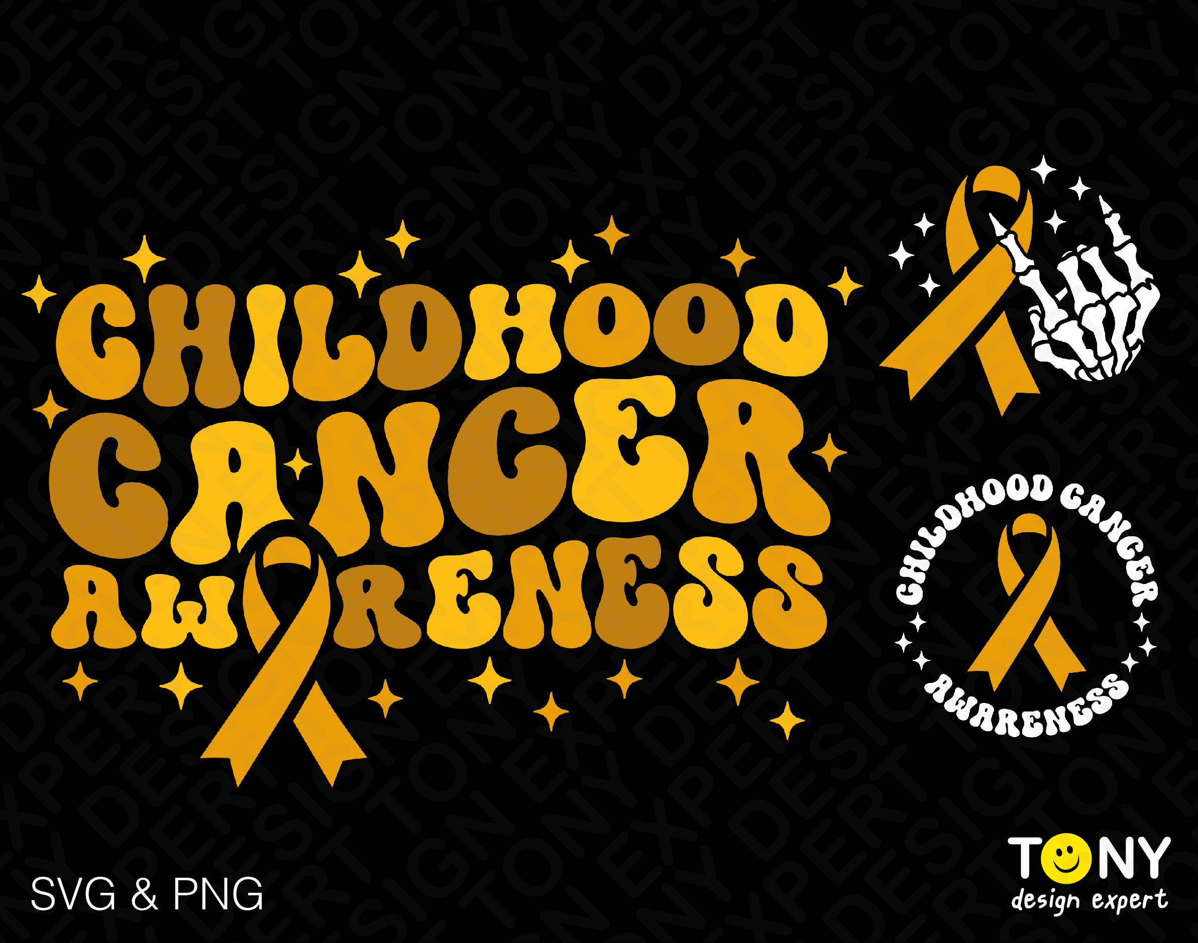 Childhood Cancer Awareness Svg Png, Pediatric Cancer Svg, Gold Ribbon Trendy Retro Groovy Wavy Digital Download Sublimation PNG & SVG Cricut