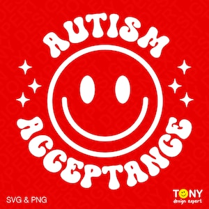 Puede incluir: Texto blanco sobre fondo rojo que dice "Aceptación del autismo" en una fuente retro. Una cara sonriente blanca está en el centro del texto.