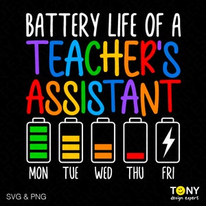 Levensduur batterij van Teacher's Assistant Svg Png, Teacher's Aide Svg, grappige waardering cadeau-idee digitale download sublimatie PNG en SVG Cricut