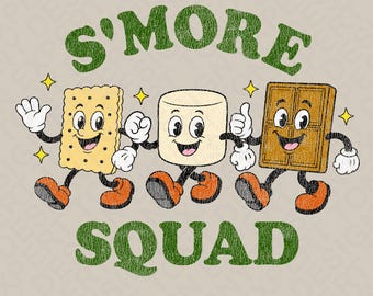 S'More Squad PNG: Diseño de camiseta retro de campamento con amigos, malvaviscos, galletas y fogata de chocolate (descarga digital)